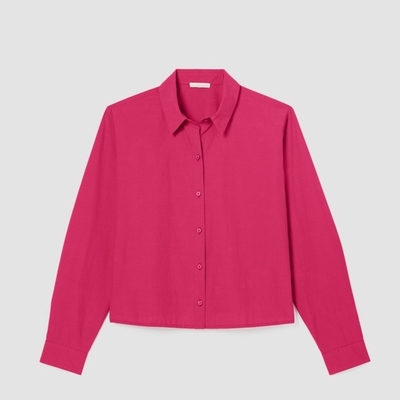Eileen Fisher Washed Organic Cotton Poplin Classic Collar Short Shirt, Azalea, S - Picture 4 of 13
